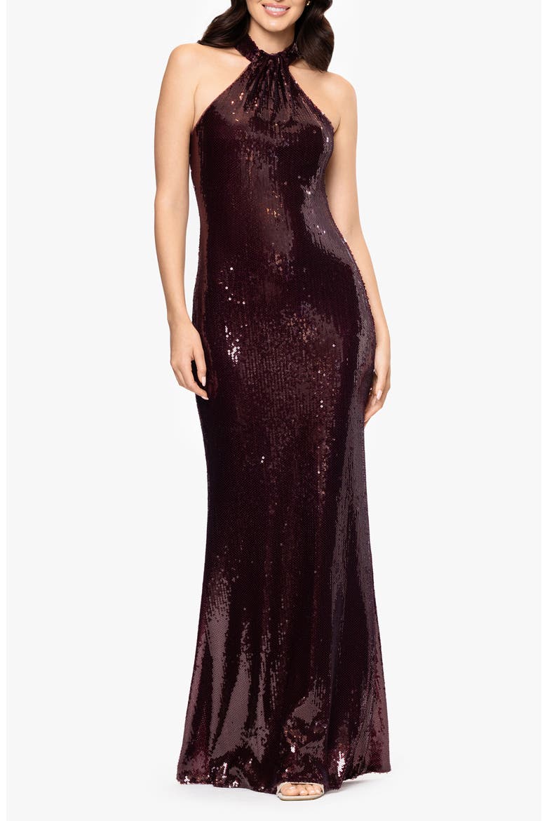 Sequin High Neck Sheath Gown, Alternate, color, BURGUNDY