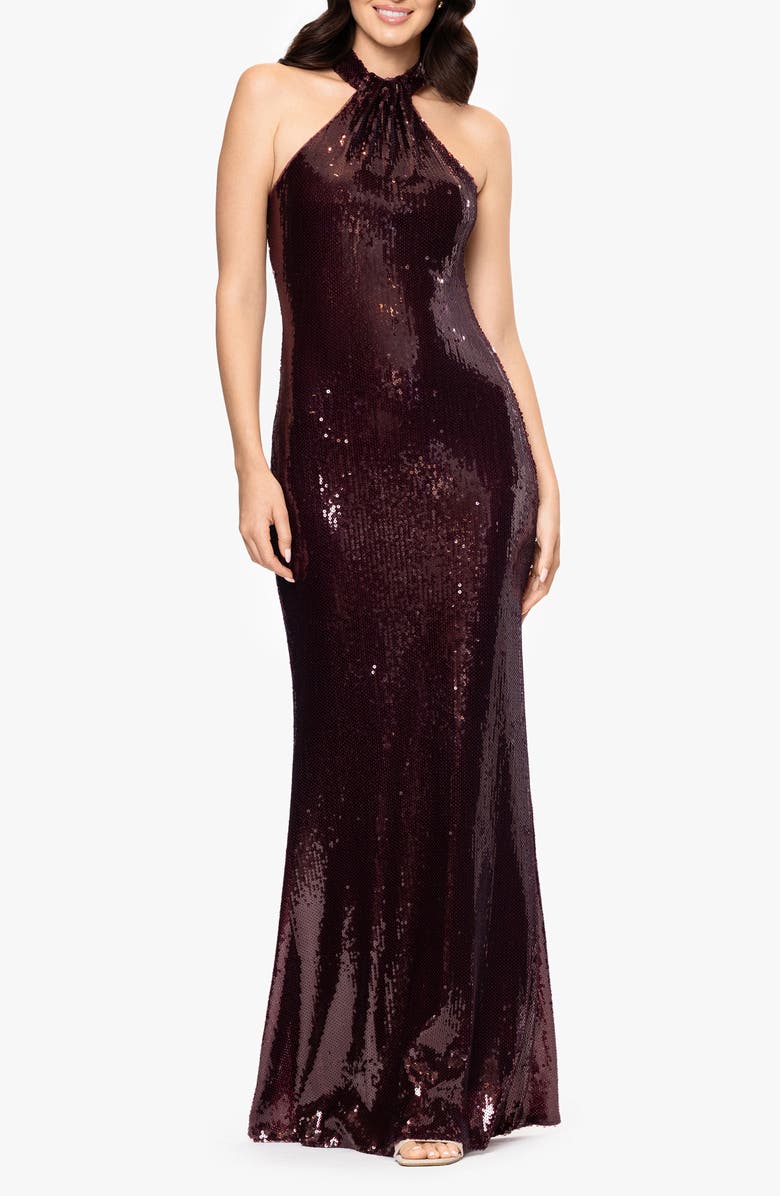 Betsy & Adam Sequin High Neck Sheath Gown, Alternate, color, Burgundy