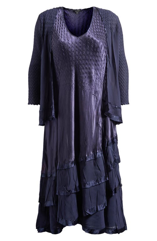 Shop Komarov Satin Charmeuse & Chiffon Cocktail Midi Dress & Jacket Set In Midnight Navy