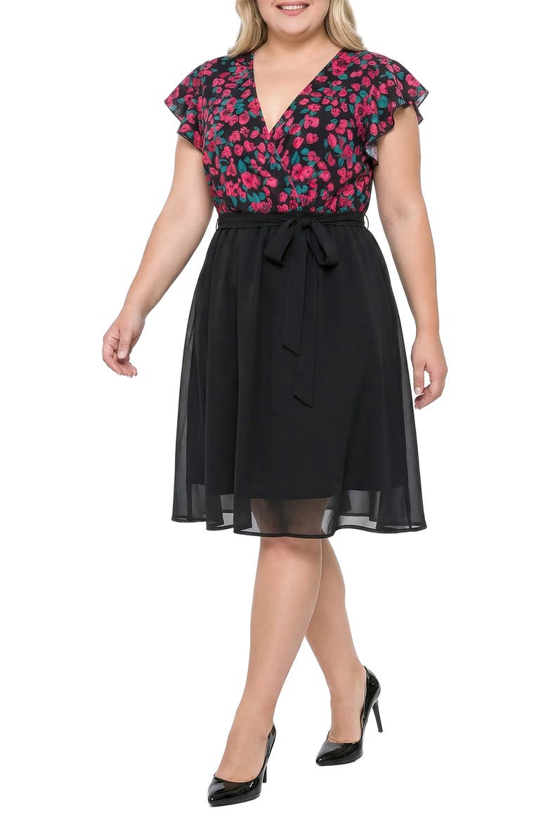 Floral & Solid Belted Dress, Alternate, color, BLACK FLORAL