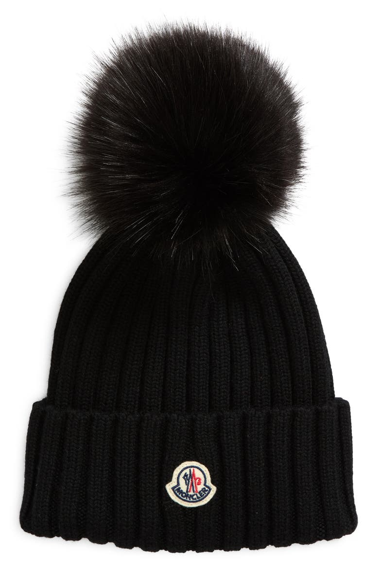 Virgin Wool Rib Beanie with Faux Fur Pompom, Main, color, BLACK