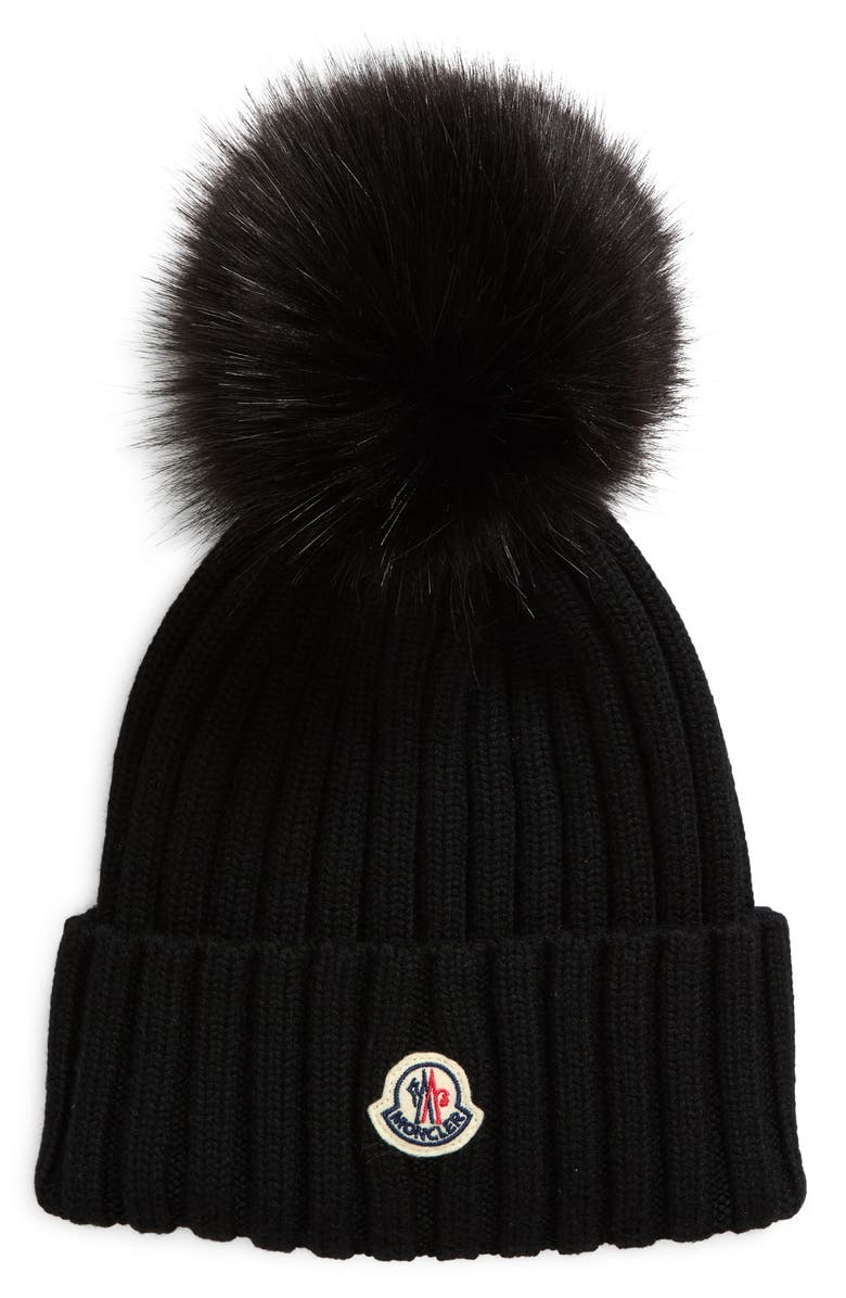 Moncler Virgin Wool Rib Beanie with Faux Fur Pompom, Main, color, Black