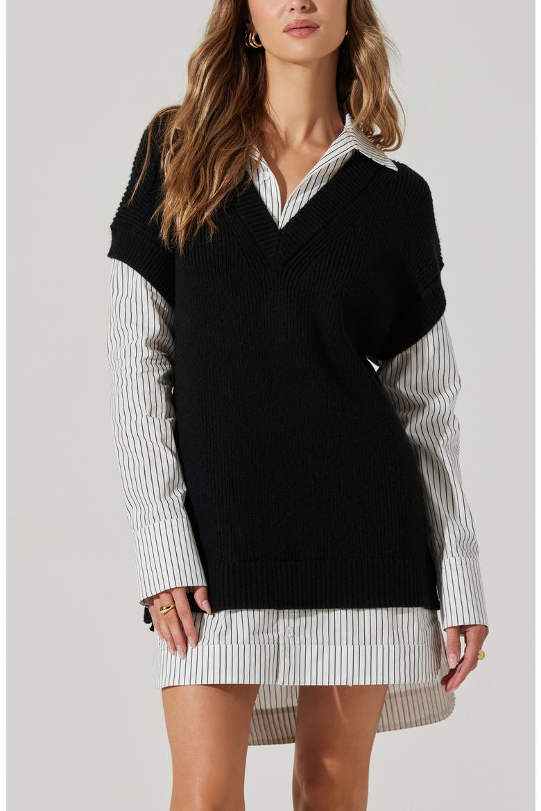 Ishilly Layered Long Sleeve Sweater Shirtdress, Alternate, color, BLACK WHIT