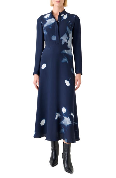 Cyanotype Print Long Sleeve Silk & Wool Shirtdress