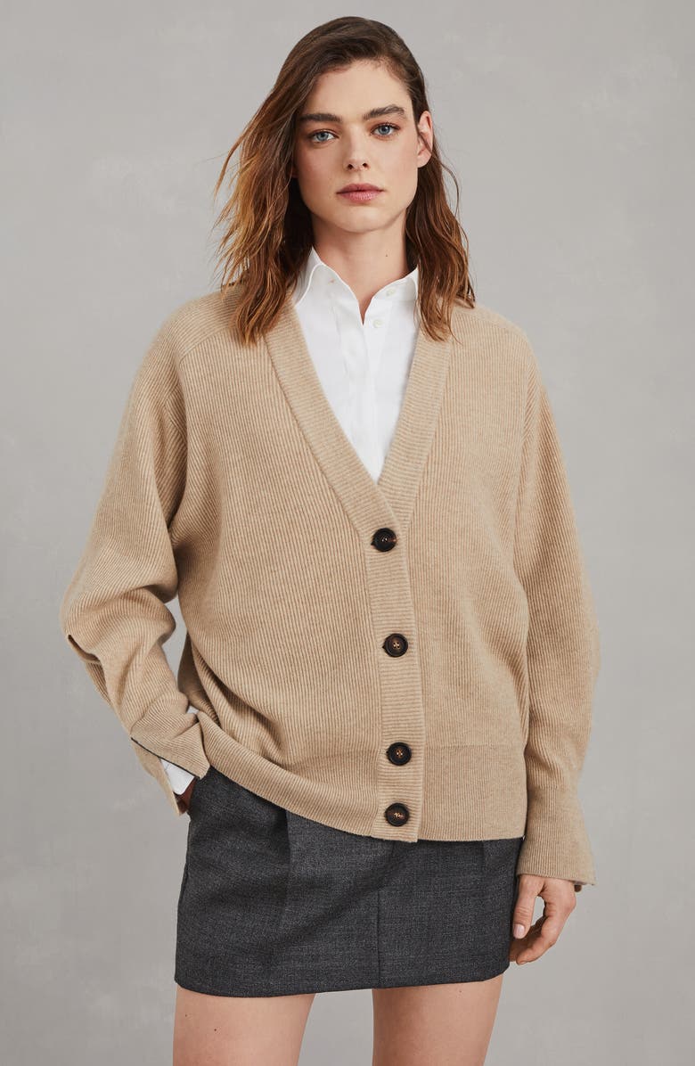 Brunello Cucinelli Cashmere English rib cardigan with shiny cuff details, Alternate, color, 
