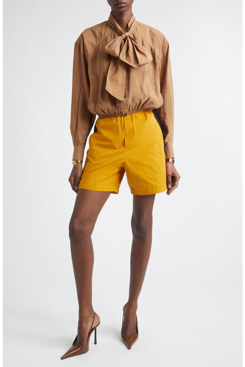 Gathered Taffeta Tie Neck Top, Alternate, color, CARAMEL