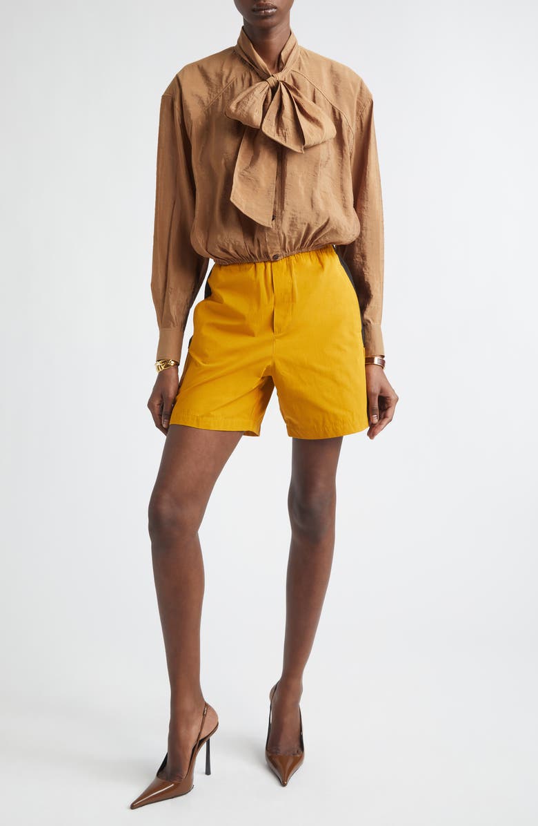 Saint Laurent Cassandre Bicolor Cotton Serge Bermuda Shorts, Alternate, color, Curry/ Noir