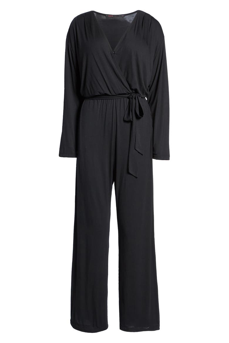 Faux Wrap Long Sleeve Jumpsuit, Alternate, color, BLACK