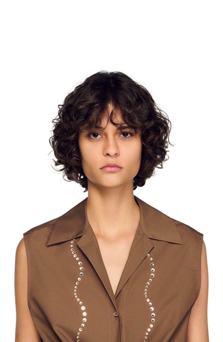 SANDRO Rhinestone cropped shirt, Alternate, color, Brown