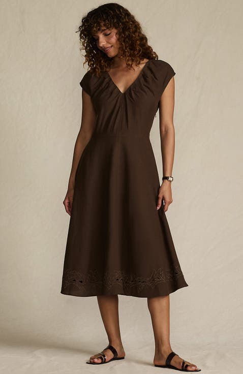 Cotton Blend Short Sleeve Midi Dress with Cutwork