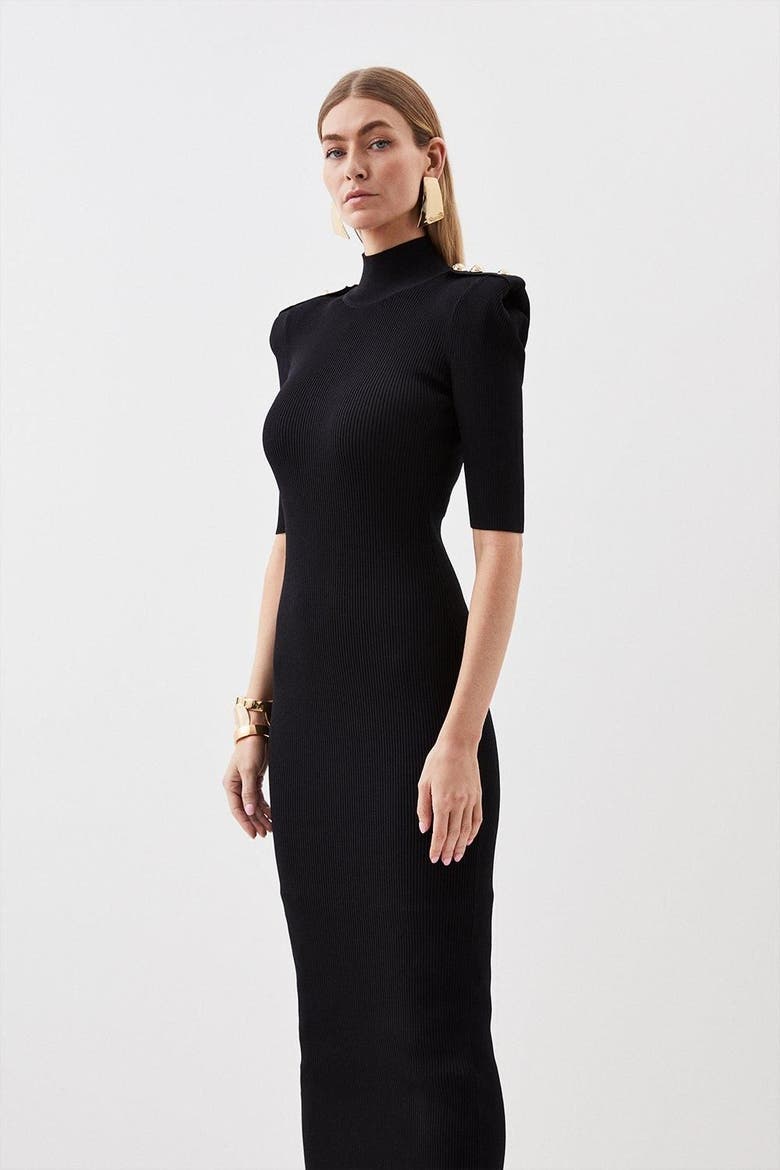 Rib Knit Power Shoulder Maxi Dress, Alternate, color, Black