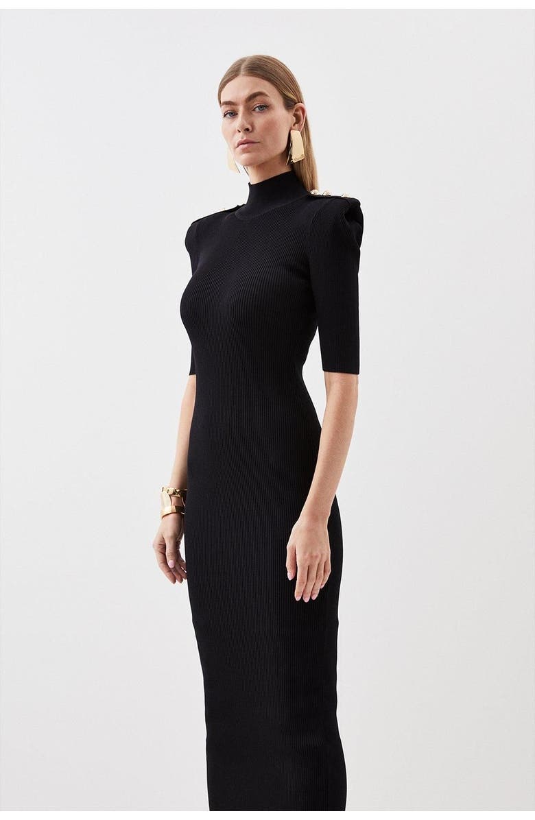 Karen Millen Rib Knit Power Shoulder Maxi Dress, Alternate, color, Black