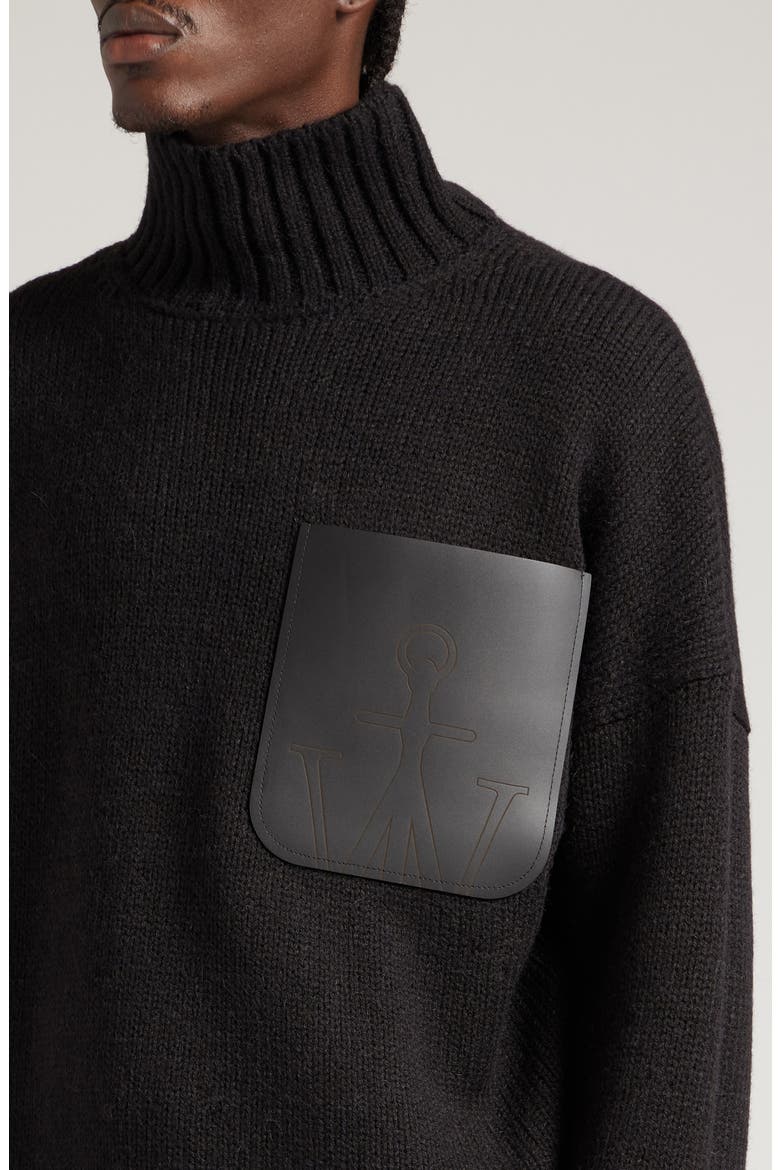 Oversize Padlock Detail Leather Patch Pocket Mock Neck Sweater, Alternate, color, BLACK