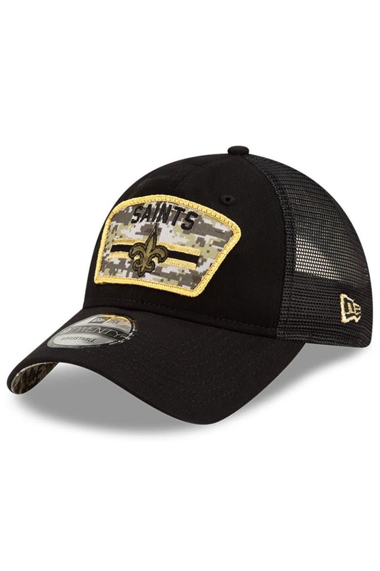 Youth New Era Black/Camo New Orleans Saints 2021 Salute To Service Trucker 9TWENTY Snapback Adjustable Hat, Alternate, color, Black