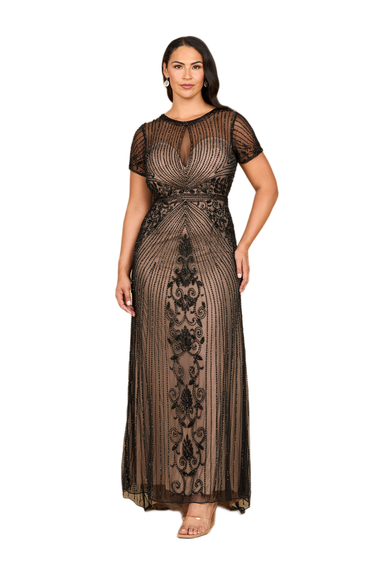 Beaded Cap Sleeve Illusion Plunge Gown, Alternate, color, Black