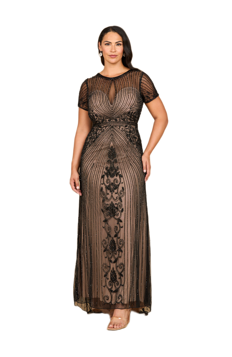 LARA New York Beaded Cap Sleeve Illusion Plunge Gown, Alternate, color, Black