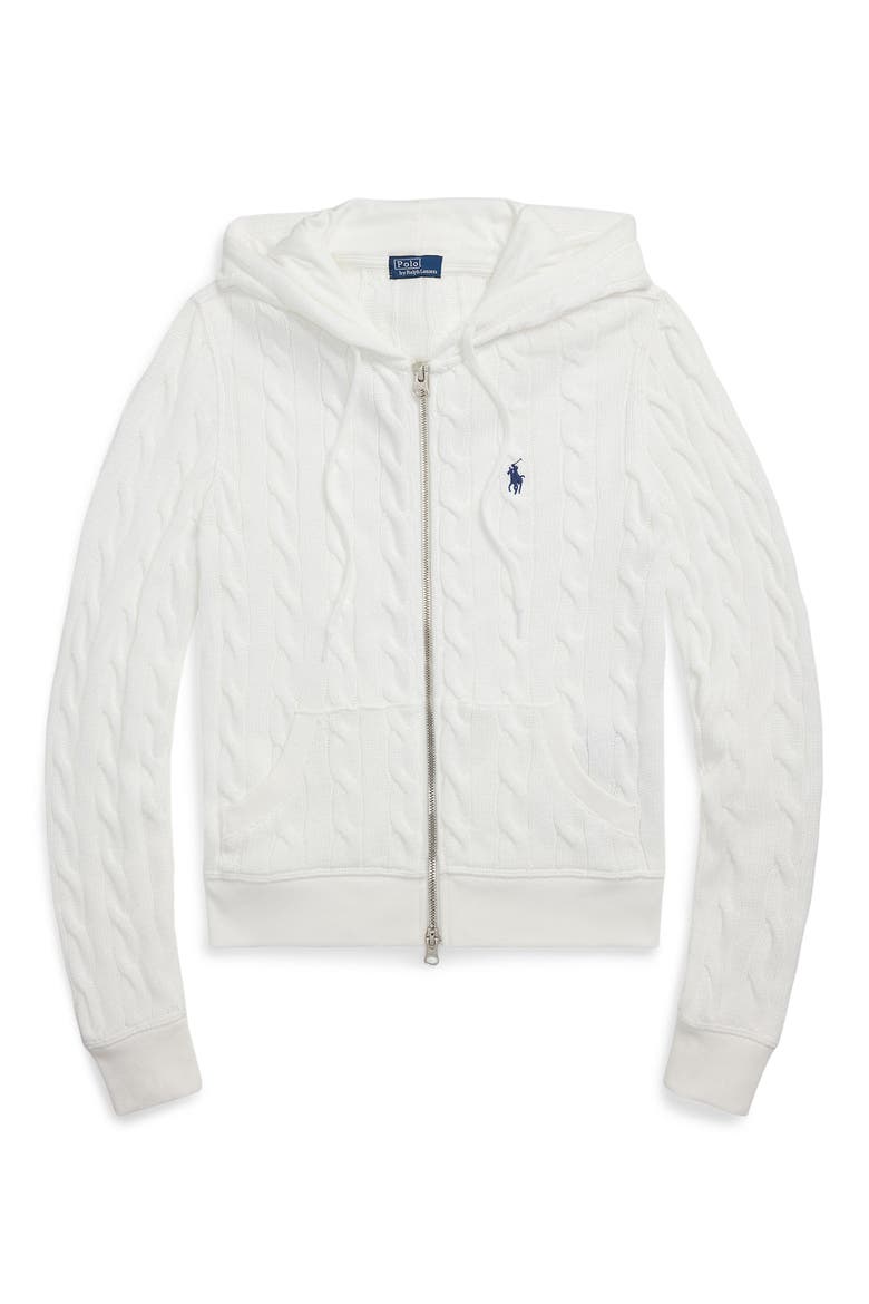 Cable Knit Cotton Zip Hoodie, Alternate, color, WHITE