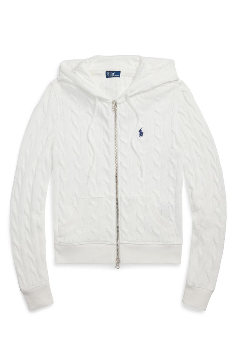 Polo Ralph Lauren Cable Knit Cotton Zip Hoodie, Alternate, color, White