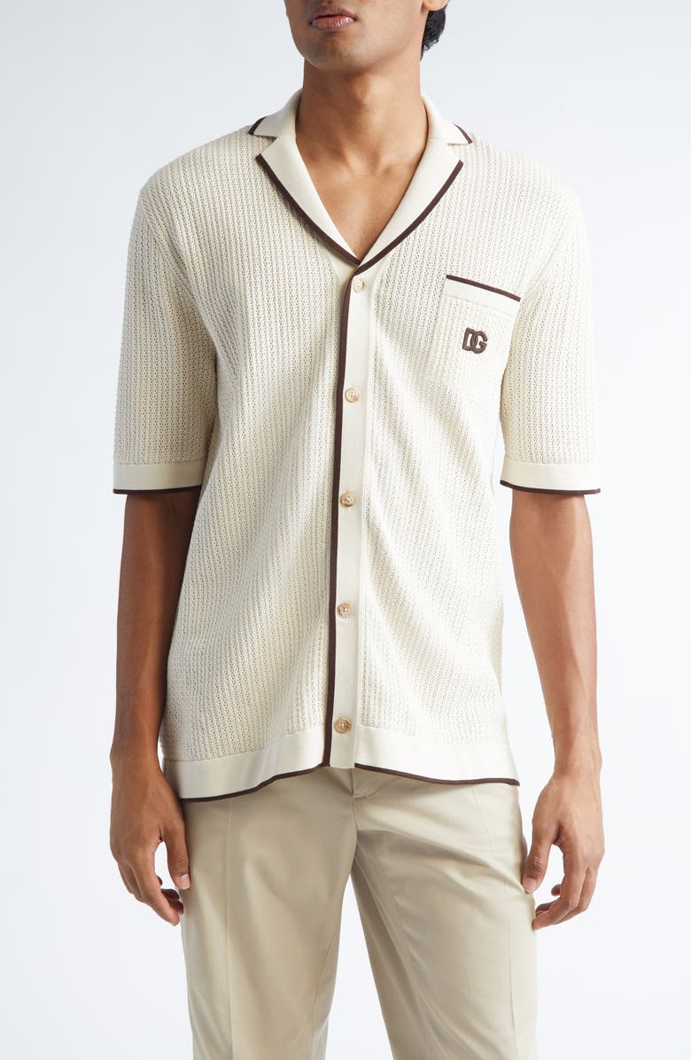 Dolce&Gabbana Logo Embroidered Pointelle Knit Camp Shirt, Main, color, M2826 Beige Chiarissimo