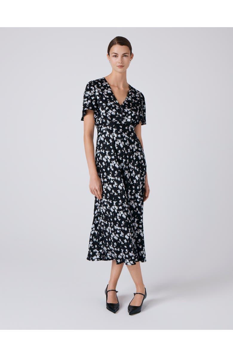 Ghost London Elizabeth Floral Satin Midi Tea Dress, Alternate, color, Black Floral