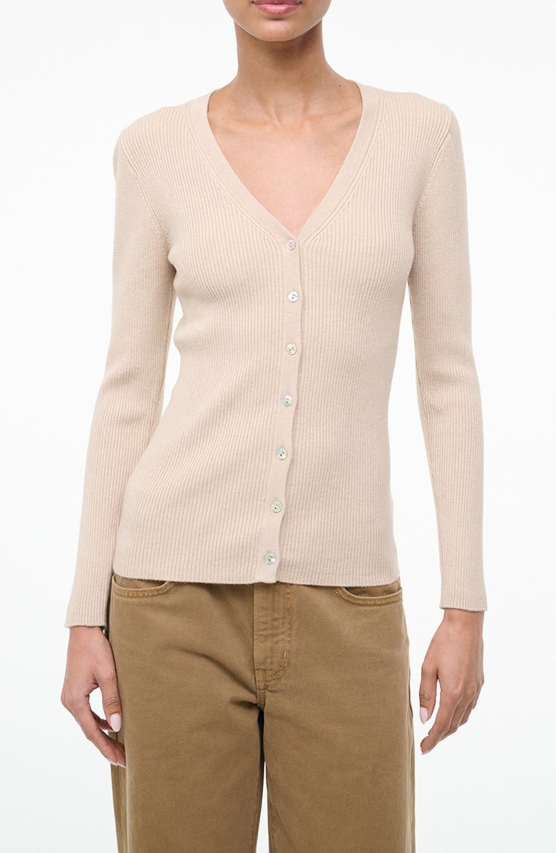 STAUD Cargo Wool & Cotton Rib Cardigan, Main, color, Fawn