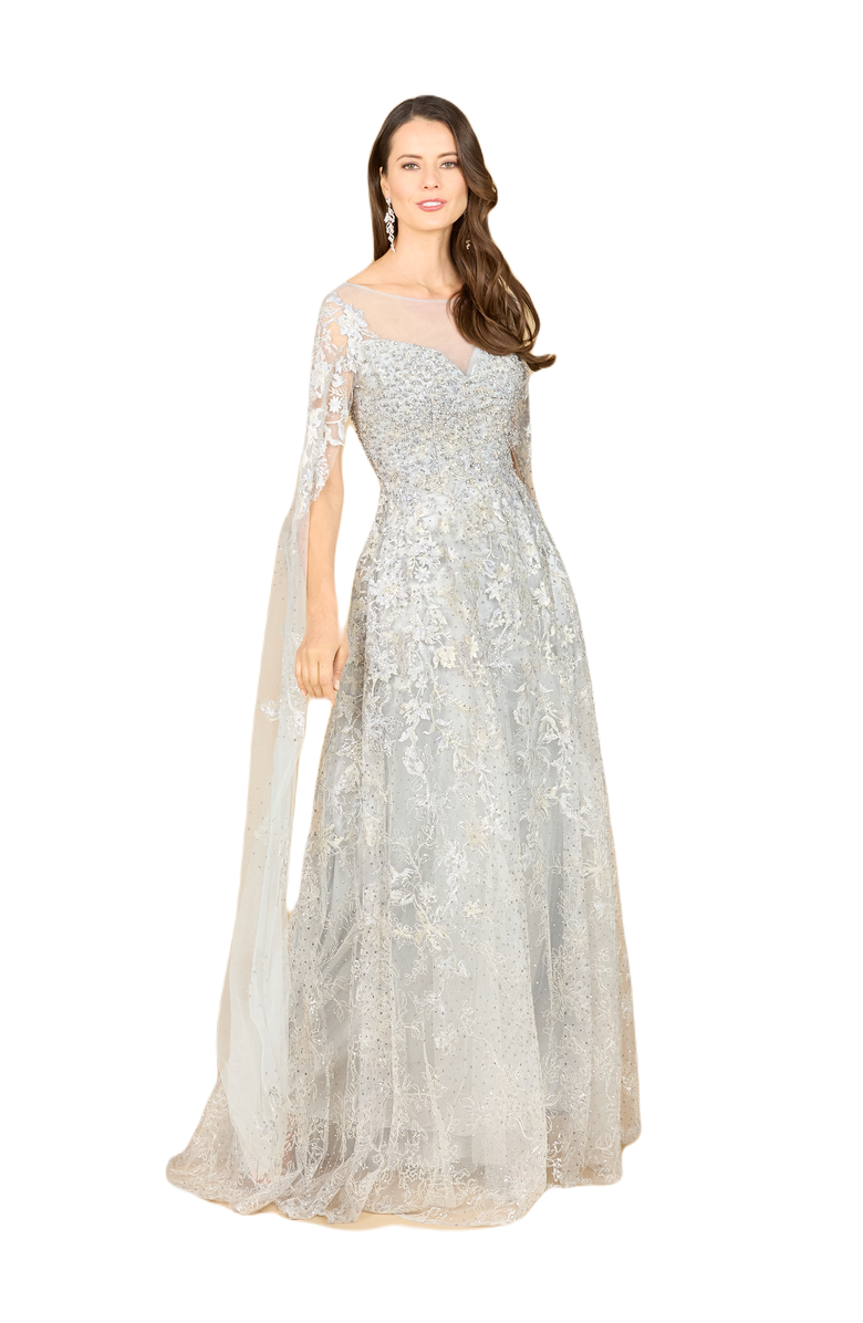 LARA New York Long Bell Sleeve V-Neck Beaded Gown, Main, color, Mist