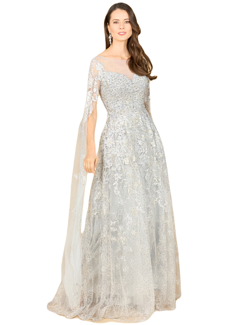 Long Bell Sleeve V-Neck Beaded Gown