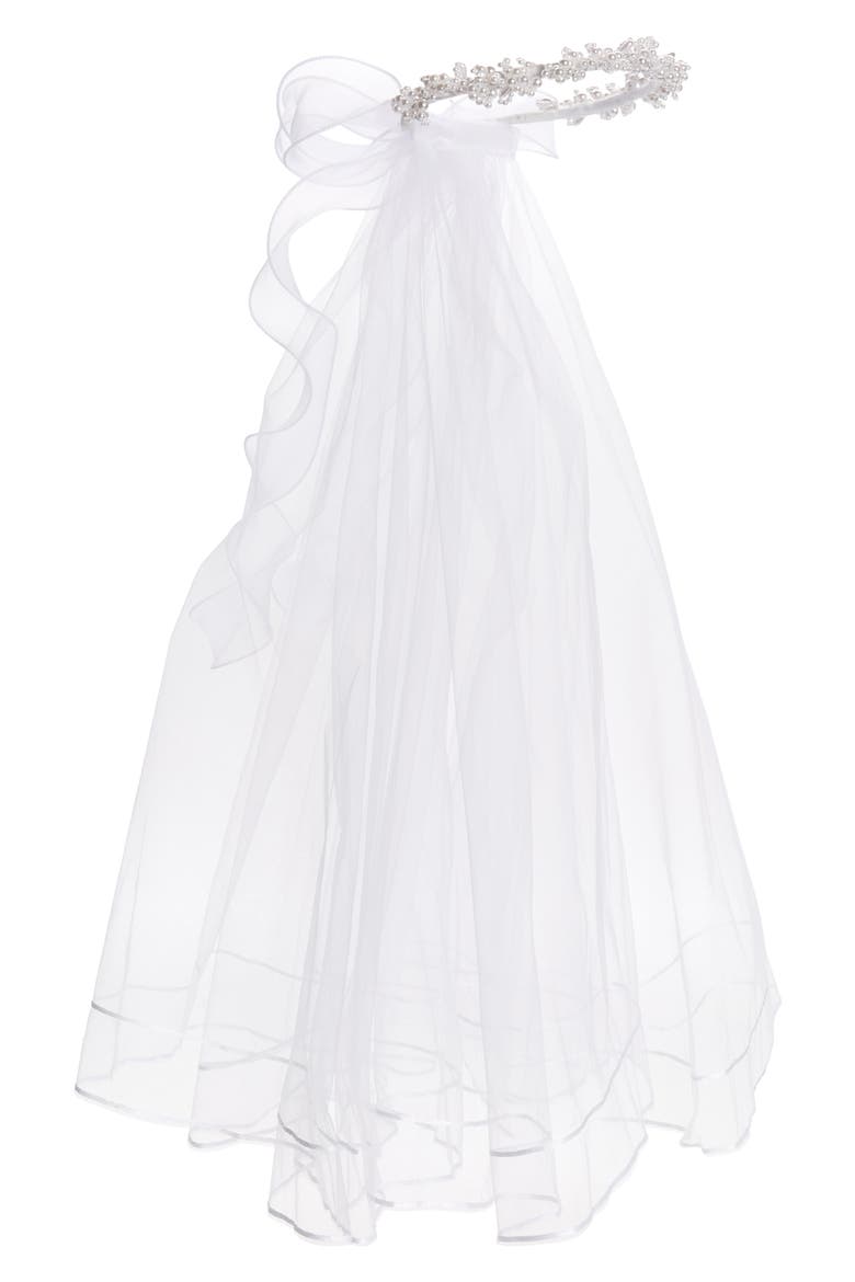 First Communion Beaded Crown Veil, Main, color, WHITE