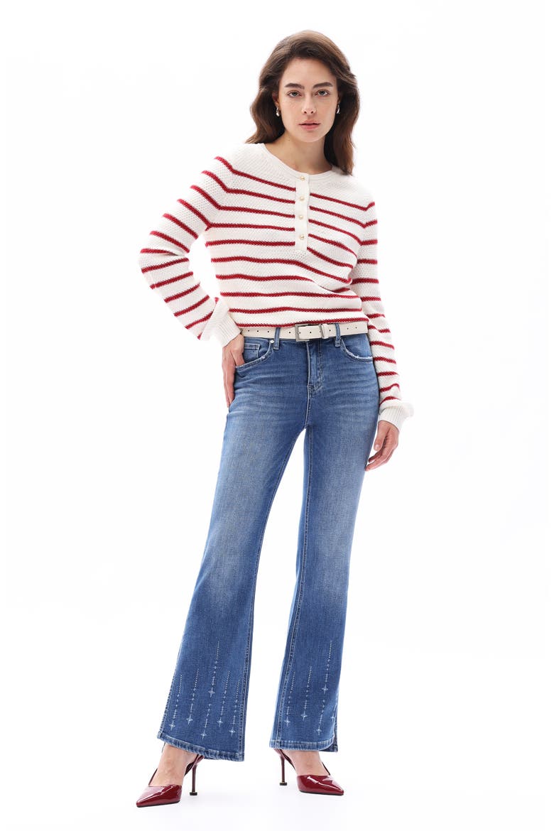 Print Split Hem Mid Rise Flare Jeans, Alternate, color, LIGHT BLUE