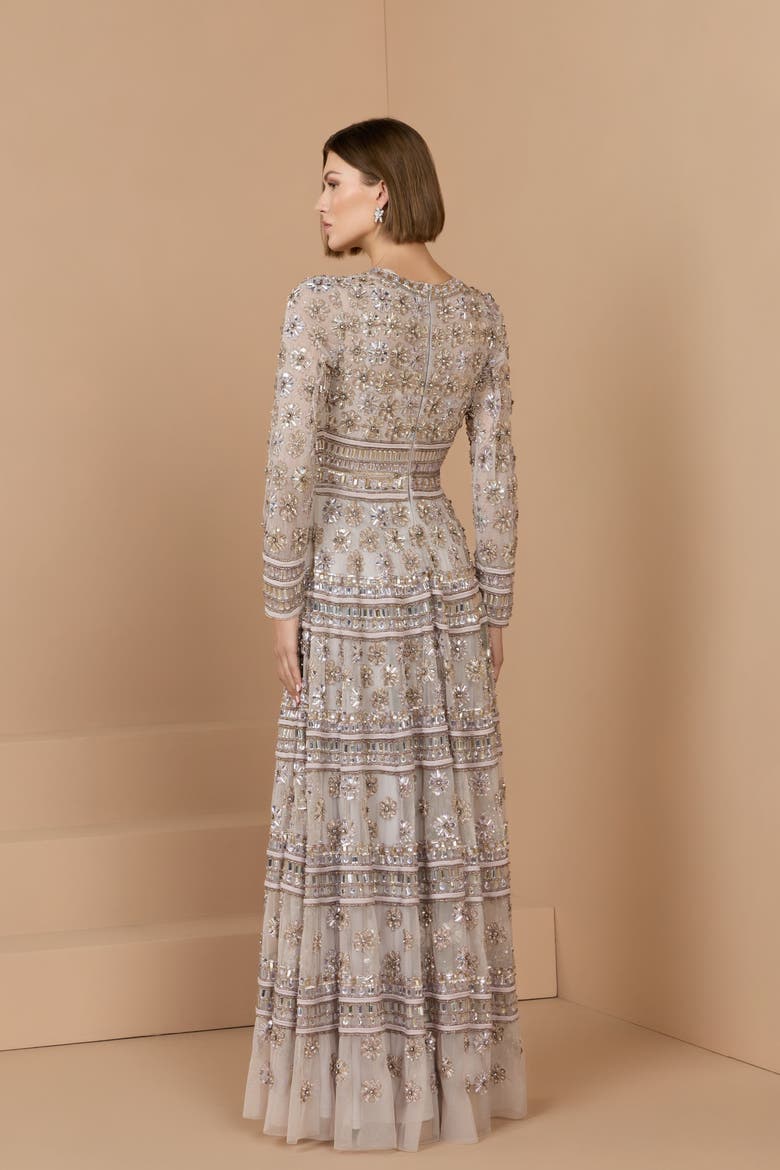 Embellished Mesh Sheer Long Sleeve A Line Gown, Alternate, color, Vintage Lilac