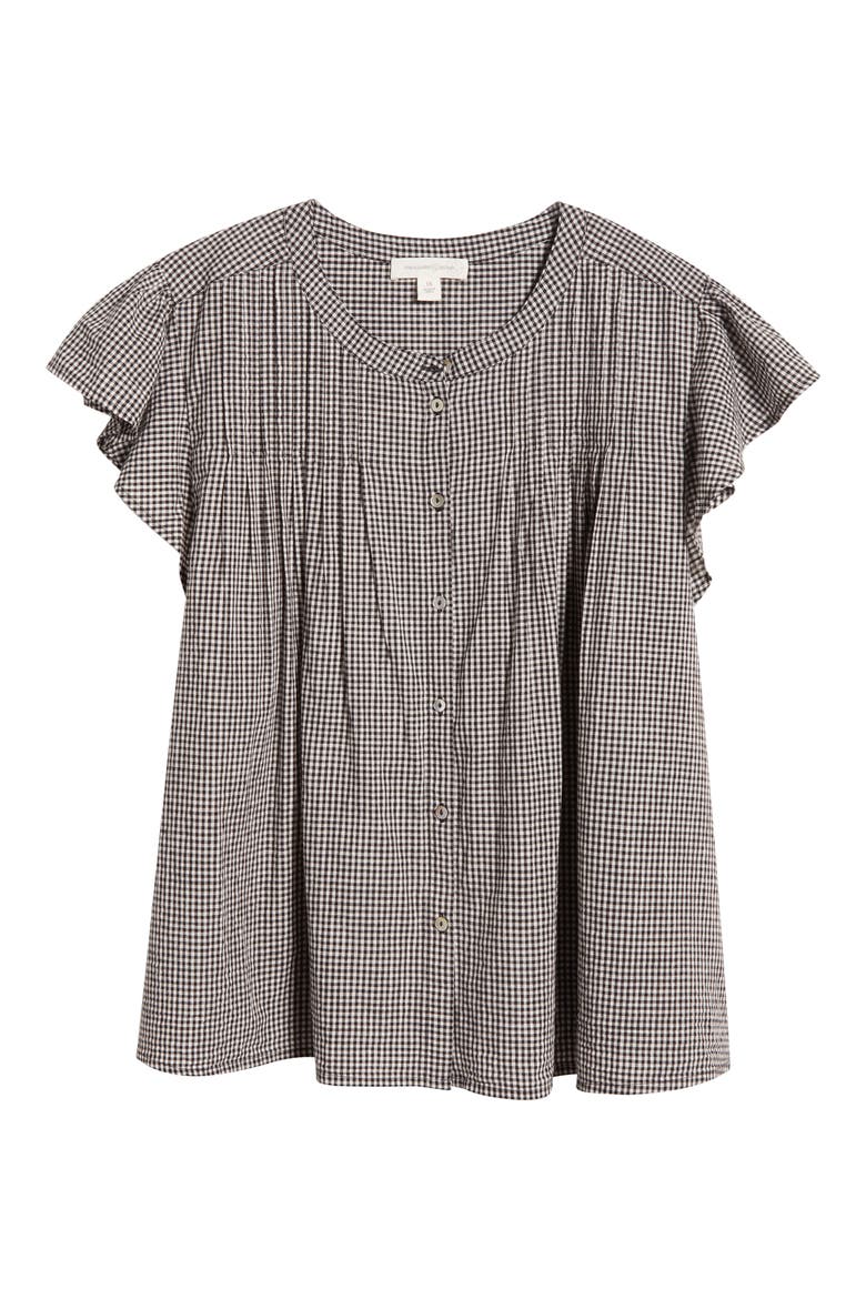 Gingham Flutter Sleeve Button-Up Top, Alternate, color, BLACK- IVORY GINGHAM
