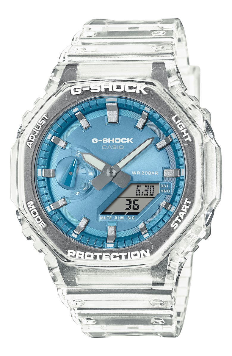 G-SHOCK Analog-Digital GA2100 Resin Strap Watch, 48.5mm, Main, color, Clear/ Blue