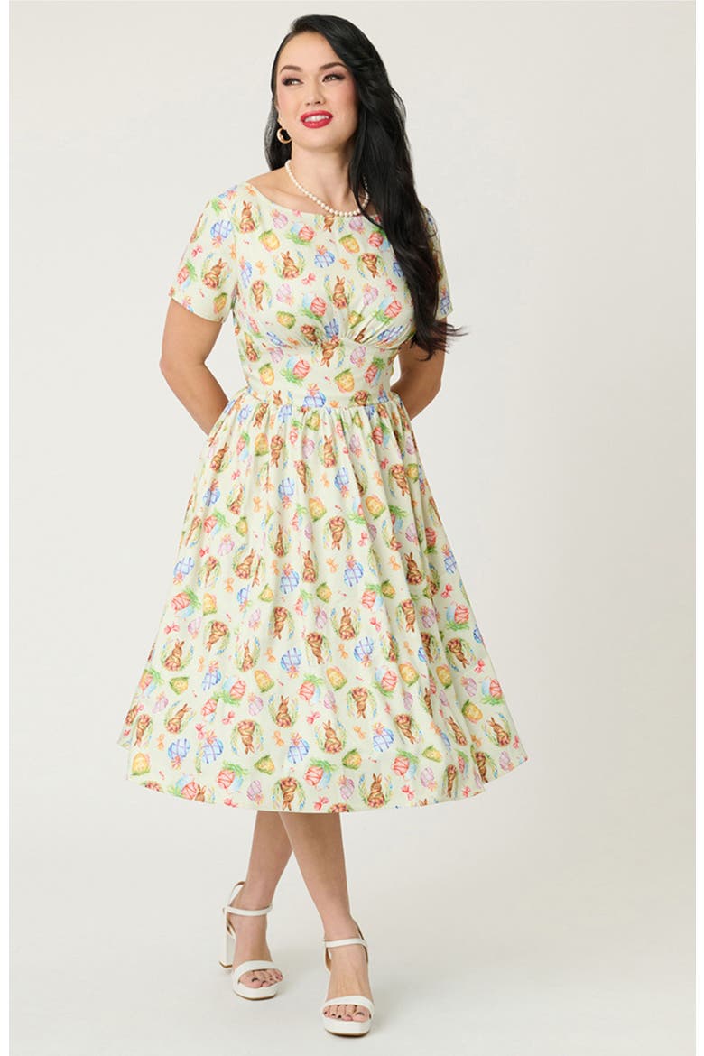 Smocked Back Swing Dress, Alternate, color, Green W/Bunny Print