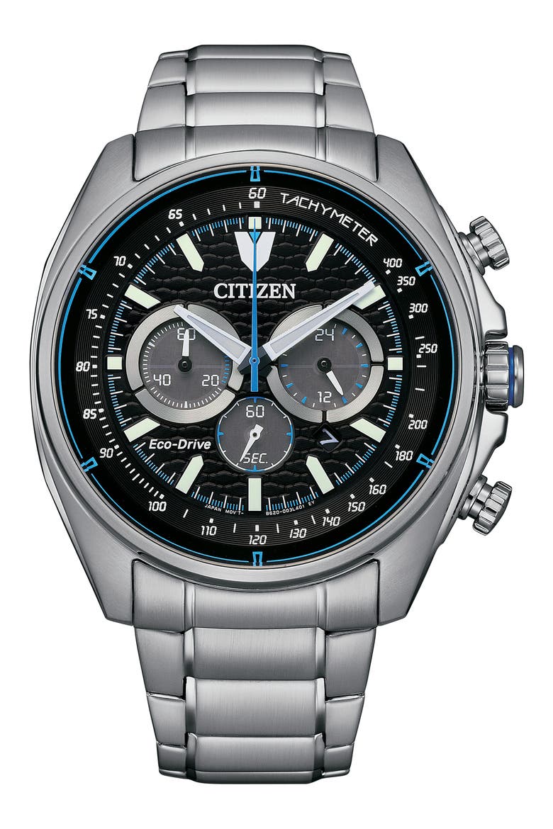 Eco Drive Chronograph Stainless Steel Bracelet Watch, 44mm, Main, color, SILVER/BLACK