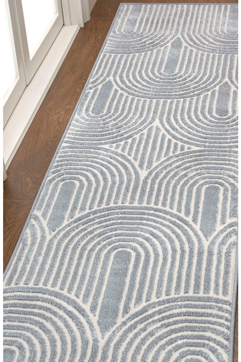Ariana MidCentury Art Deco Striped Arches Two-Tone High-Low Area Rug, Alternate, color, Blue/White