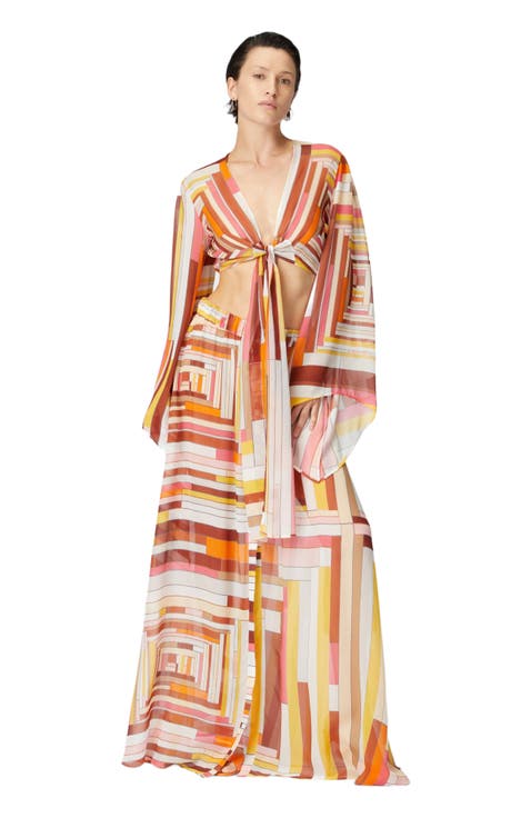 Printed Silk Crop Top With Wide Sleeves And Front Knot