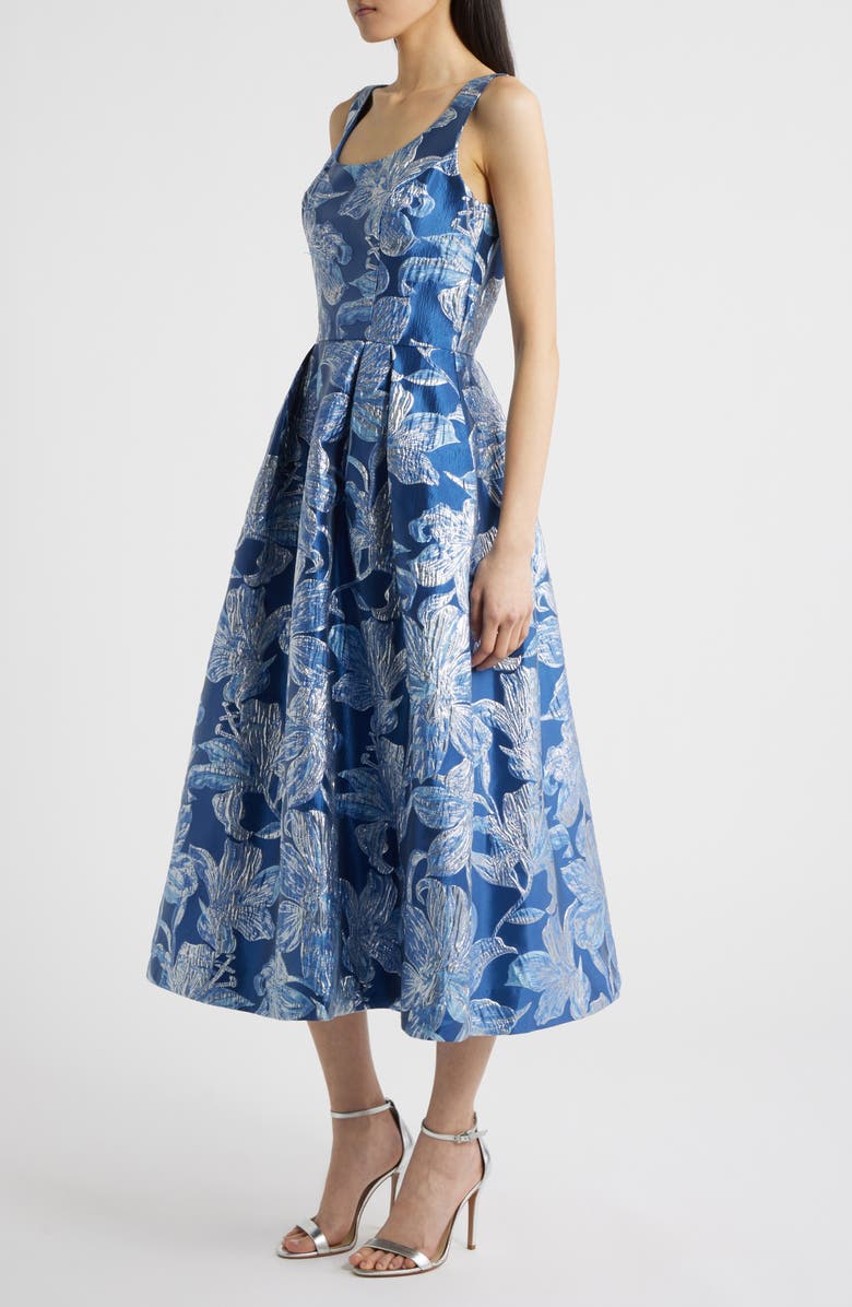 Tahari ASL Floral Brocade Midi Cocktail Dress, Alternate, color, Riverside Blue