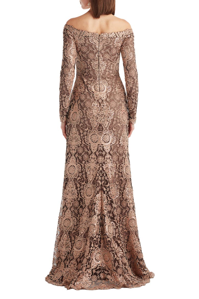 Sequin & Lace Off the Shoulder Long Sleeve Gown, Alternate, color, GINSENG