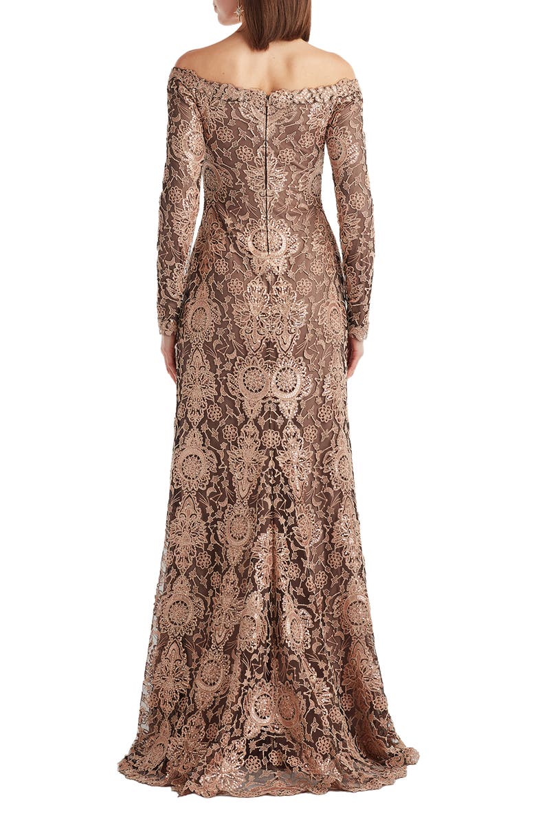 Tadashi Shoji Sequin & Lace Off the Shoulder Long Sleeve Gown, Alternate, color, Ginseng