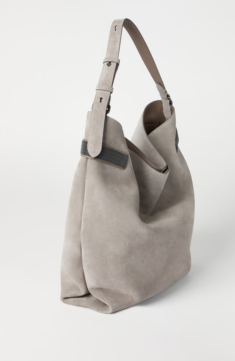 Brunello Cucinelli Suede essence hobo bag, Alternate, color, Light Grey