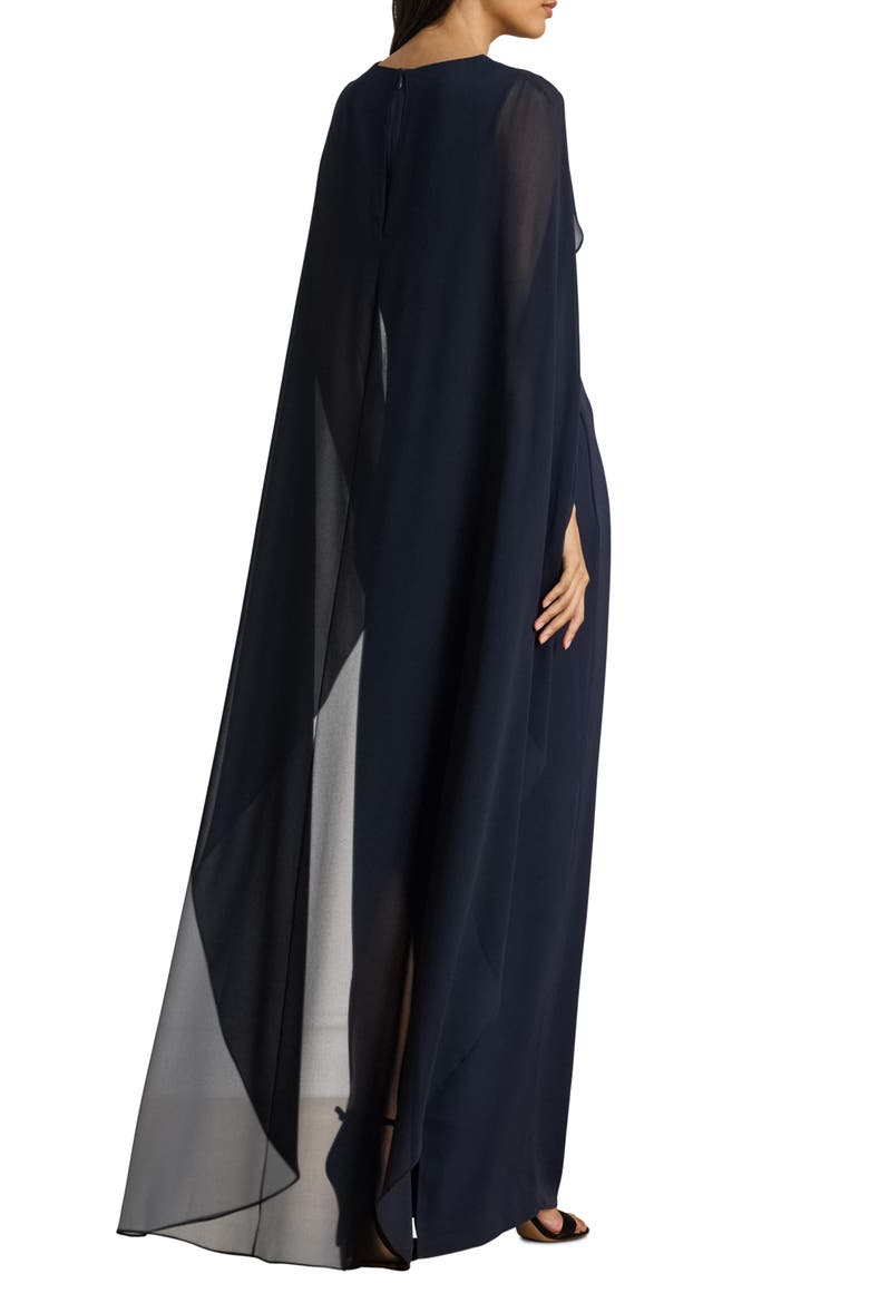 Sheer Cape Georgette Column Gown, Alternate, color, LAUREN NAVY