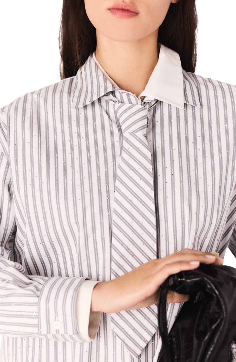maje Rhinestone shirt with removable tie, Alternate, color, Ecru Stripes