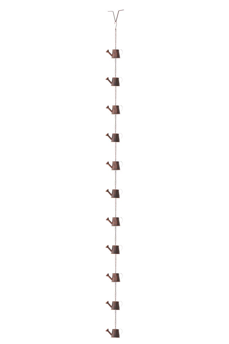 8.5ft 11-Piece Faux Copper Watering Pot Rain Chain with V-Shaped Gutter Clip, Main, color, Brown