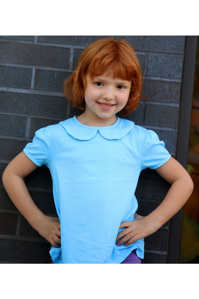 Girls Soft 100% Cotton Jersey Peter Pan Collar Short Sleeve Puff Tee, Alternate, color, Deep Purple