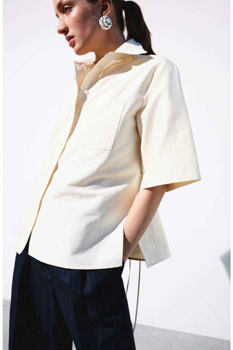 Cotton Blend Tie Back Button-Up Shirt, Alternate, color, BEIGE