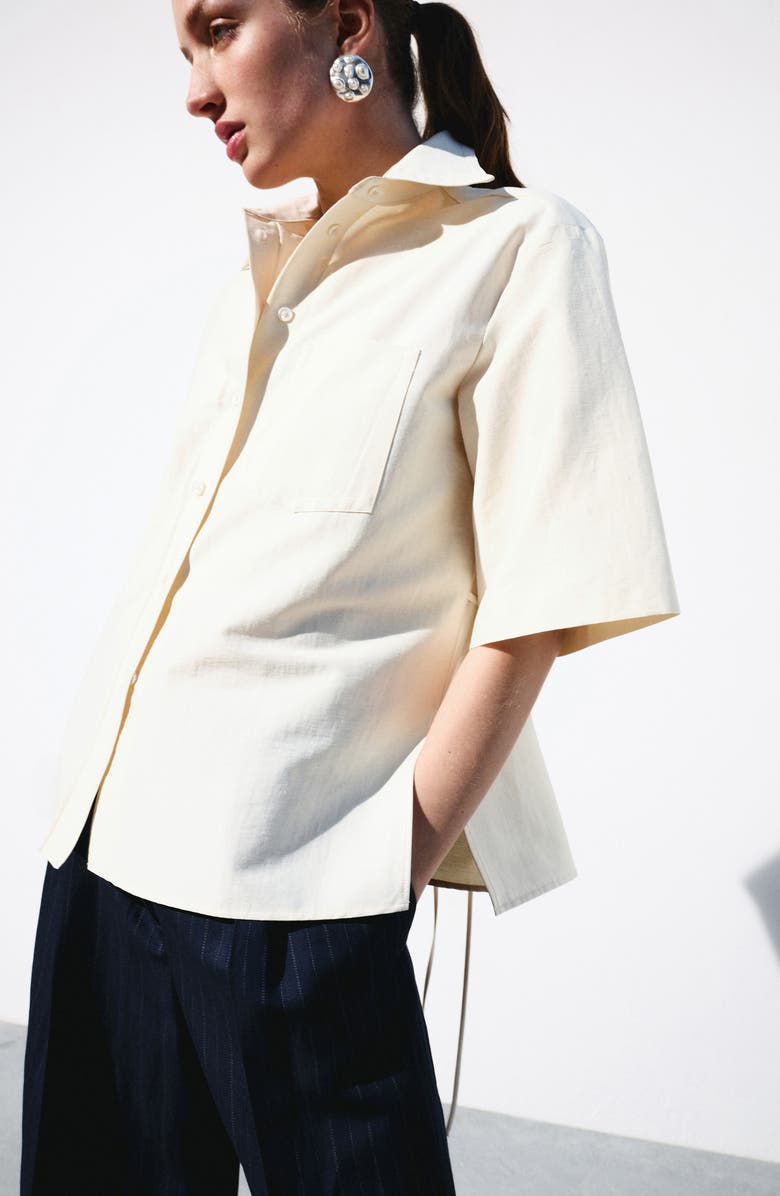 MANGO Cotton Blend Tie Back Button-Up Shirt, Alternate, color, Beige