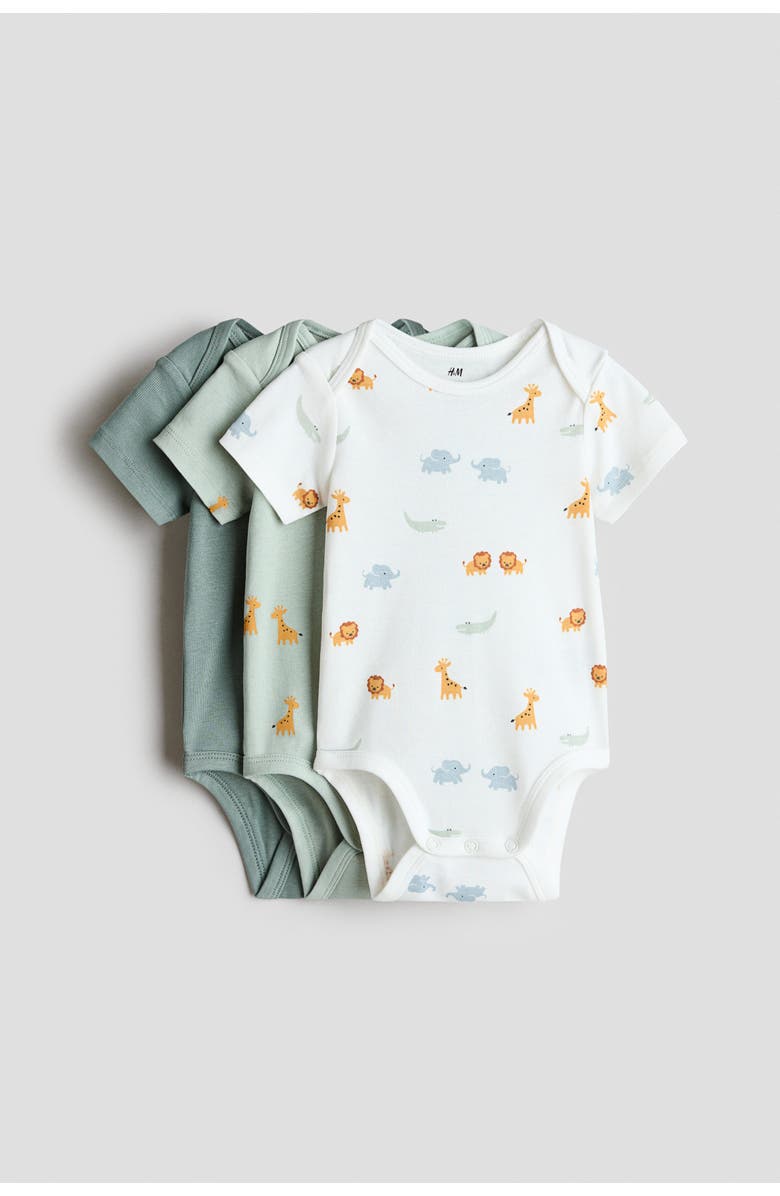 H&M 3-pack Cotton Envelope-neck Bodysuits, Main, color, Green/Animals