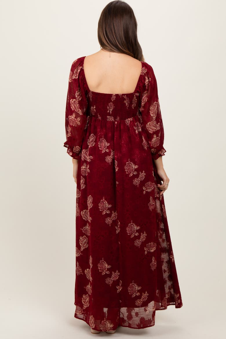 Multi Floral Textured Peasant Babydoll Maxi Dress, Alternate, color, Burgundy