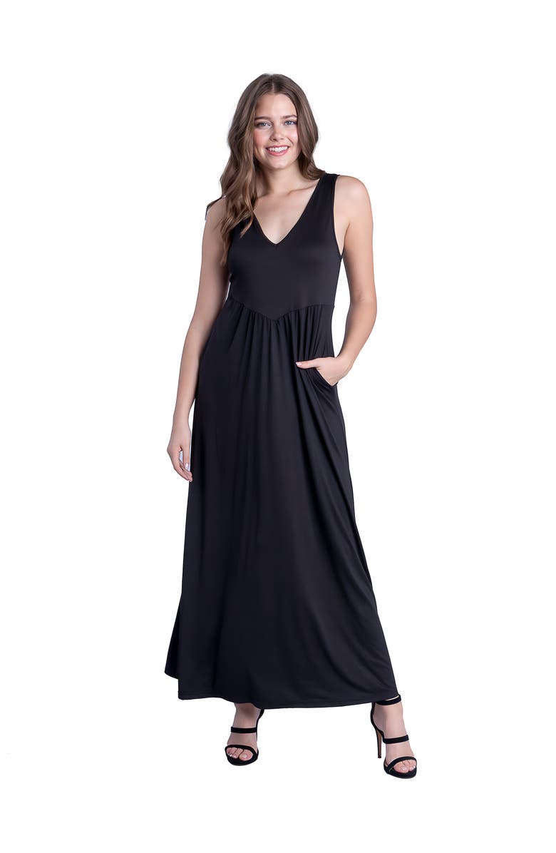24seven Comfort Apparel Sleeveless V-Neck Maxi Dress with Pocket Detail, Main, color, Black