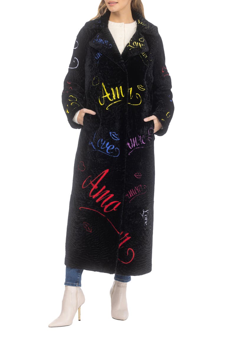 Genuine Shearling Embroidered "Love" Coat, Main, color, BLACK MULTI